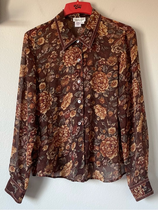 Coldwater Creek Tops - Vintage Coldwater Creek Floral Blouse - Velvet Trim & Sheer Fabric - Size Large